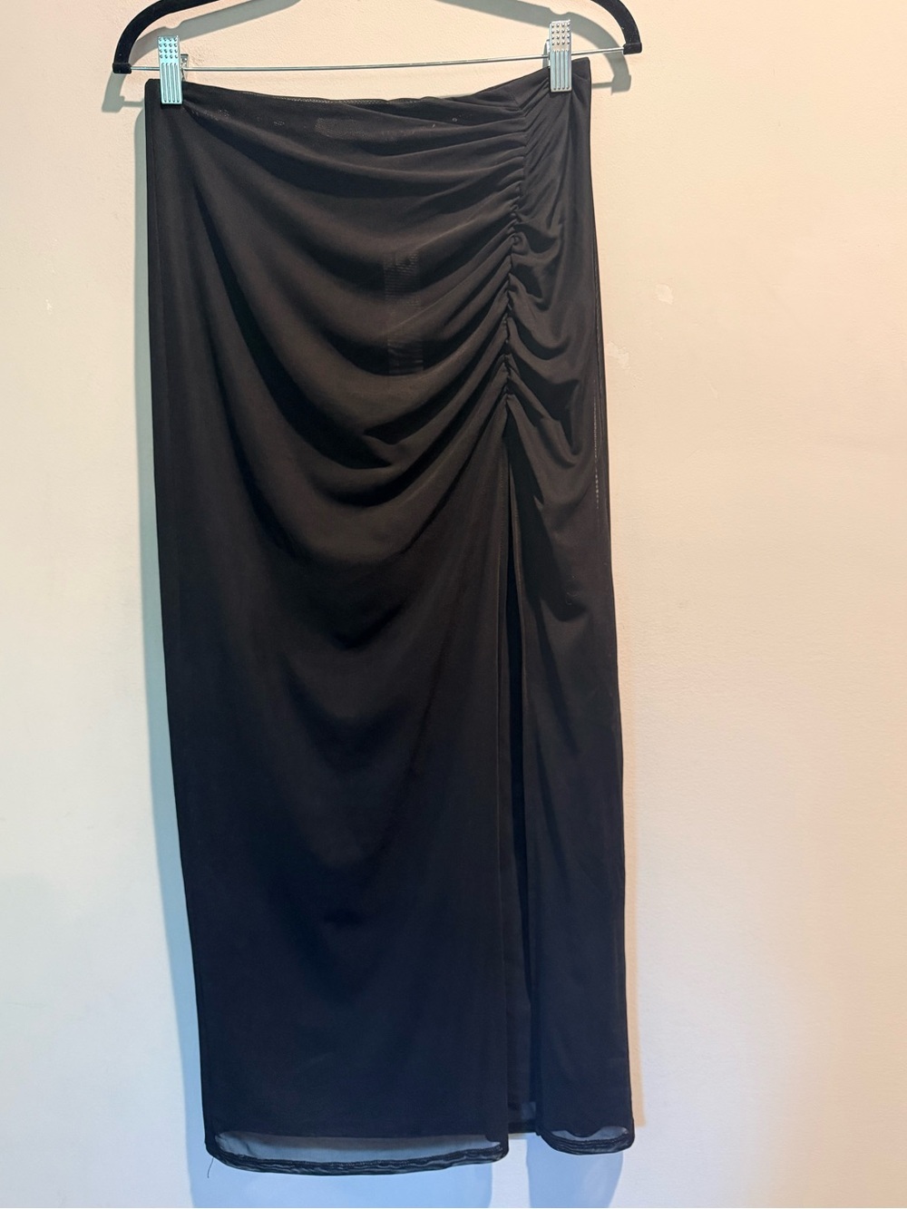 STILLWATER Black Mesh Ruched High Slit Maxi Skirt Size Medium NWT